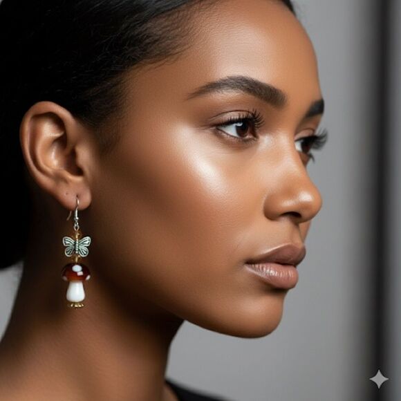 Butterfly Mushroom Earrings, Cottagecore, Dangle, Glass, Gold, Silver - Picture 1 of 11